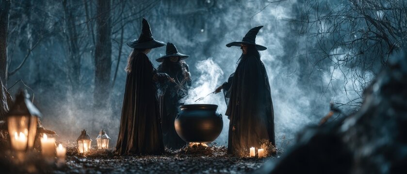 The witches gather around a cauldron brewing magic in a mystical forest setting.