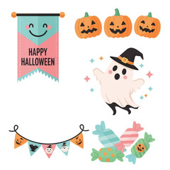 A collection of Halloween themed graphics with pumpkins, a ghost, candies, and banners.