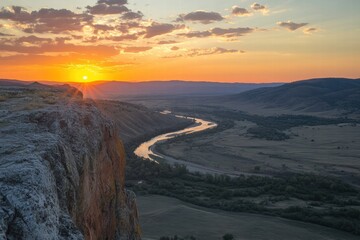 Fototapeta premium Desert sunset with golden cliffs and horizon