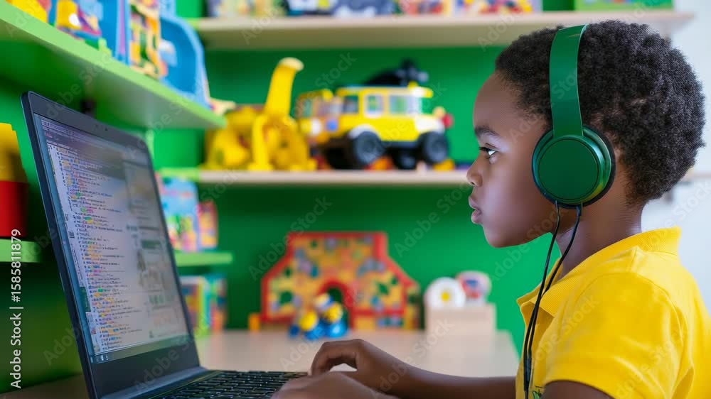 Poster focused young student wearing headphones programming or coding on a laptop computer in his colorful 