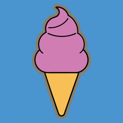 Pink ice cream cone with outlines brown border on blue dessert sweet