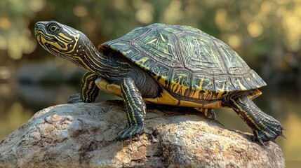 Obraz premium A turtle rests on a rock, its shell patterned with green, black, and yellow