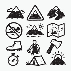 Hand-Drawn Doodle Icons for Outdoor Adventure, Camping, and Nature Recreation