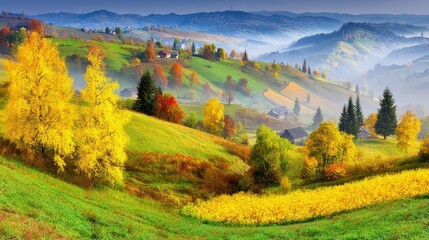 Naklejka premium Vibrant Hilltops and Rolling Valleys in Nature's Scenic Panorama