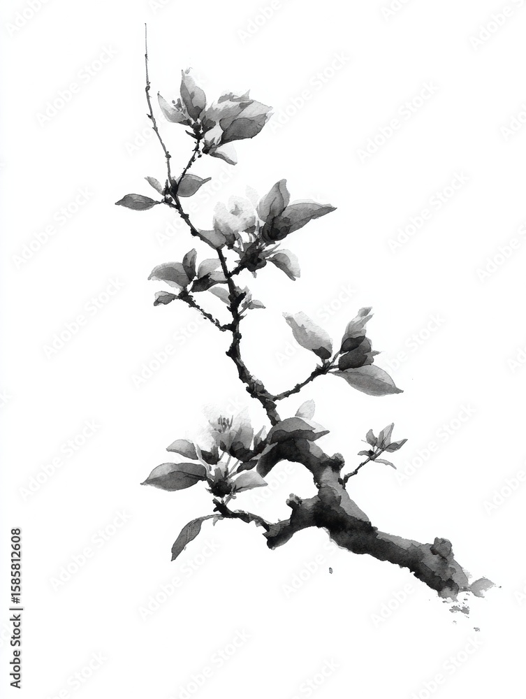 Poster delicate pear tree branch captured in minimal japanese ink wash style with upper space left blank fo