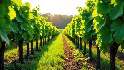 Lush green vines climbing trellises, sunlight dappling through leaves in a picturesque vineyard Perfect for wine country themes, agriculture, and nature imagery , peaceful, autumn, agriculture
