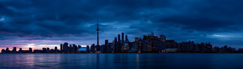 City skyline at twilight reflecting in the water.