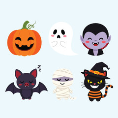Adorable Halloween cartoon characters: pumpkin, ghost, vampire, bat, mummy, and witch cat.