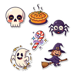 A collection of cute, cartoon-style Halloween-themed illustrations with various spooky characters.