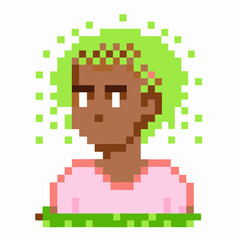 Pixel art avatar with green hair and pink shirt digital retro character, 8 bit design, creative modern illustration