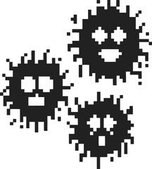 Obraz premium Pixelated virus icons with expressive faces black abstract microorganisms on white background digital contamination, malware warning