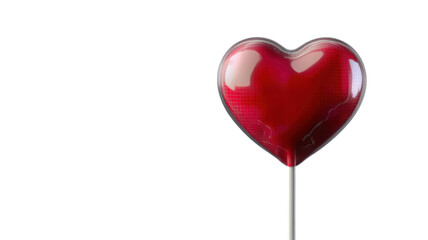 Red heart shaped lollipop with glossy surface and candy stick isolated on white background