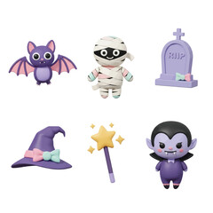 Collection of cartoon Halloween characters and symbols, featuring a bat, mummy, tombstone, witch hat, wand, and vampire.