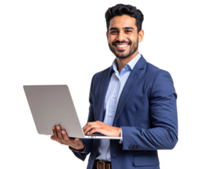 Businesswoman Holding Laptop, Smiling While Engaging with Media and Sharing Content transparent background.