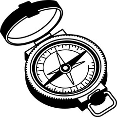 Classic magnetic compass with open lid, vintage navigation tool black and white illustration, directional guidance concept
