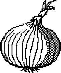 Pixel art onion illustration in black and white retro digital vegetable sketch with detailed outline and shading