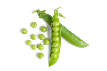 Open green pea pod with individual peas scattered around, isolated on white, transparent...
