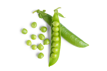Open green pea pod with individual peas scattered around, isolated on white, transparent background. Image ideal for food designs, healthy lifestyle, and organic products legume, crop, food ingredient