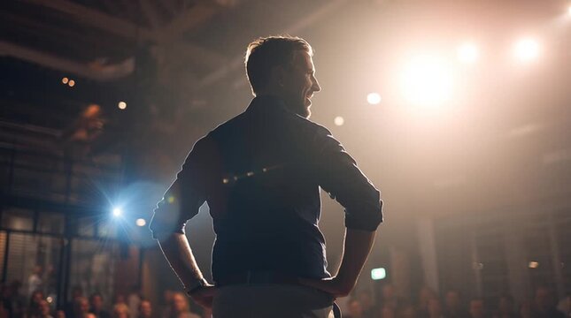 Charismatic startup founder speaking on stage during a tech conference or summit. Confident entrepreneur in the spotlight, pitching an idea or giving a motivational speech.

