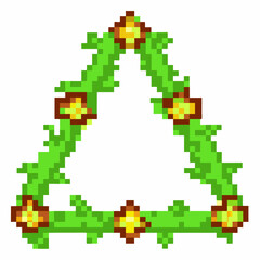 Fototapeta premium Pixel art triangle wreath with green leaves and yellow flowers, geometric retro botanical frame for digital design