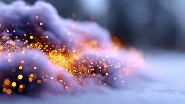 Soft purple clouds illuminated by sparkling golden particles and bokeh lights