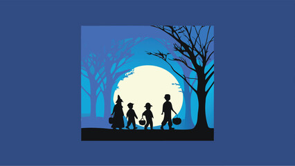 Fototapeta premium Silhouette of children trick or treating under a full moon in a spooky forest at halloween night