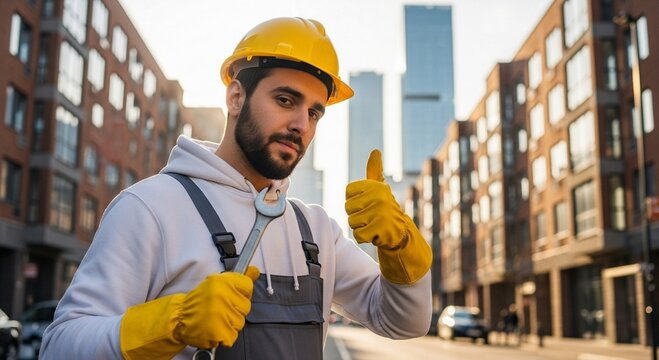 Mechanic giving thumbs up with wrench on city street