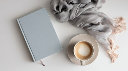 A flat lay arrangement featuring coffee, a notebook, and a scarf creates a calming scene.