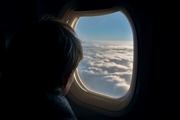 Person looking out airplane window at clouds.
