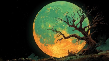 A large, orange and green, abstract moon behind a spooky, bare tree silhouette