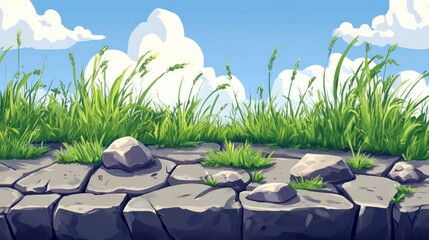 Sunny day landscape with green grass growing from cracked stone ground.