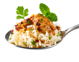  Spoon Holding Biryani Rice and Chicken Piece Mid-Air, Isolated Cutout