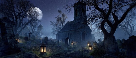The haunting landscape of a moonlit graveyard with shadowy trees and lanterns