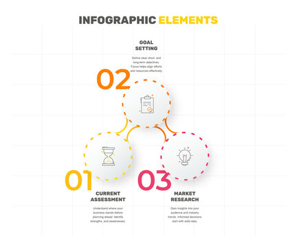 Modern and simple flat vector illustration. Infographic template with three circles, elements, sectors and percentages. Designed for business, presentations, web design, interface 3 step diagrams