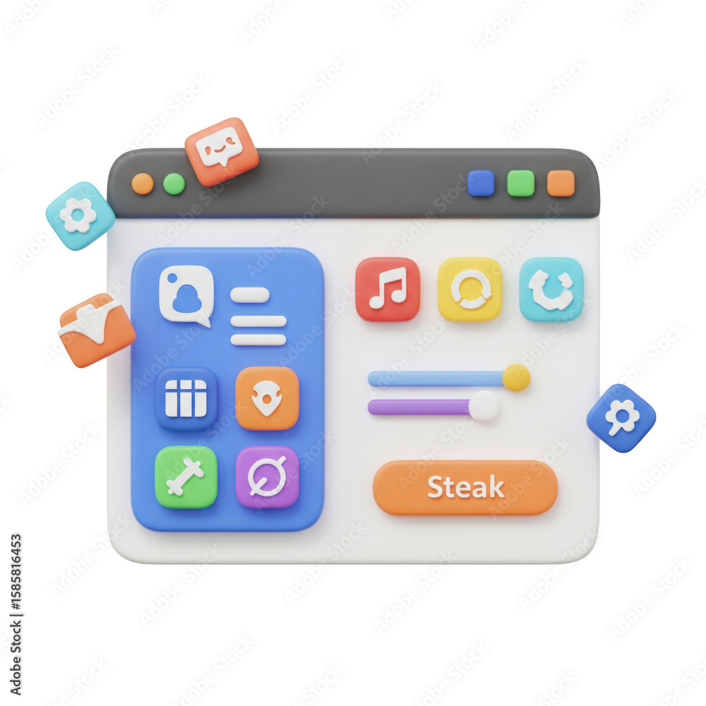 Poster whimsical application interface depiction with floating graphical elements