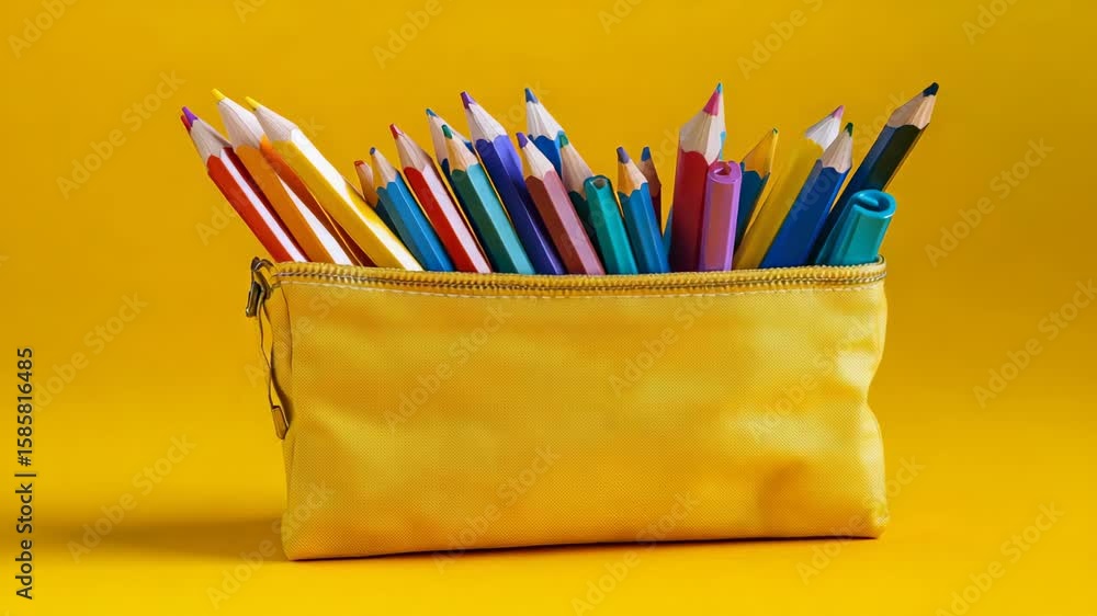 Poster bright yellow pencil case overflowing with an array of colorful pencils and markers sits on a vivid 