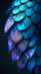 Fototapeta premium Vibrant iridescent butterfly wing scales in turquoise and purple hues create mesmerizing natural pattern with detailed macro texture on dark background.
