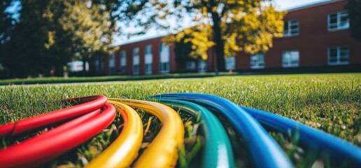 Colorful Hoses on Green Grass near School Building