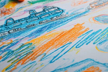 Bright and colorful abstract drawing featuring boats and water in a creative setting