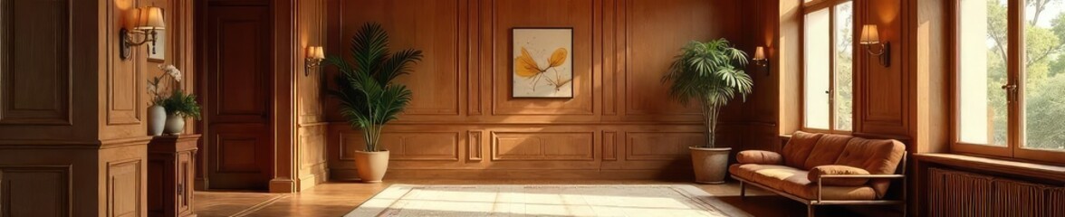 Warm, inviting foyer with rich wood paneling and natural light streaming through a nearby window Elegant design details and a sense of calm Perfect for home decor inspiration , home, style