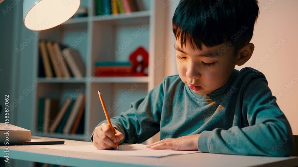Poster diligent young asian student concentrating while writing homework, seated at desk with warm lamp ill
