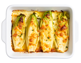  Chicon au Gratin in White Baking Dish with Melted Cheese Crust, Top View, Isolated on Transparent Background