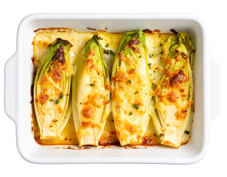  Chicon au Gratin in White Baking Dish with Melted Cheese Crust, Top View, Isolated on Transparent Background