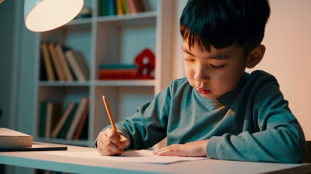 Diligent young asian student concentrating while writing homework, seated at desk with warm lamp illumination, bookshelf creating studious background atmosphere