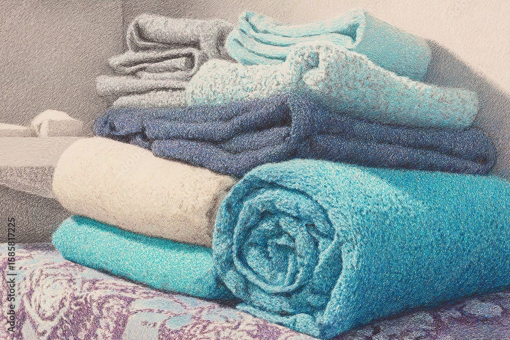 Poster soft folded towels stacked neatly on a bathroom shelf creating an inviting atmosphere