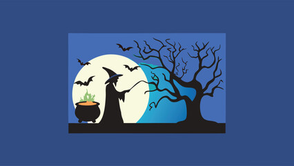 A halloween scene featuring a witch stirring a cauldron under a full moon with bats and a spooky tree silhouette