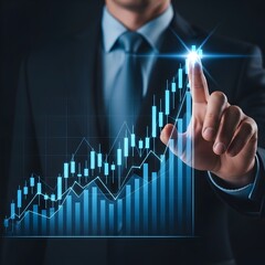 A businessman points toward an upward trending graph illustrating financial growth, business success, and positive market performance.