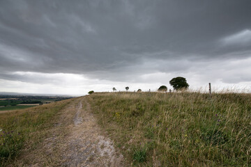 A peaceful rural scene showing a hillside path under a cloudy sky, with open views across the...