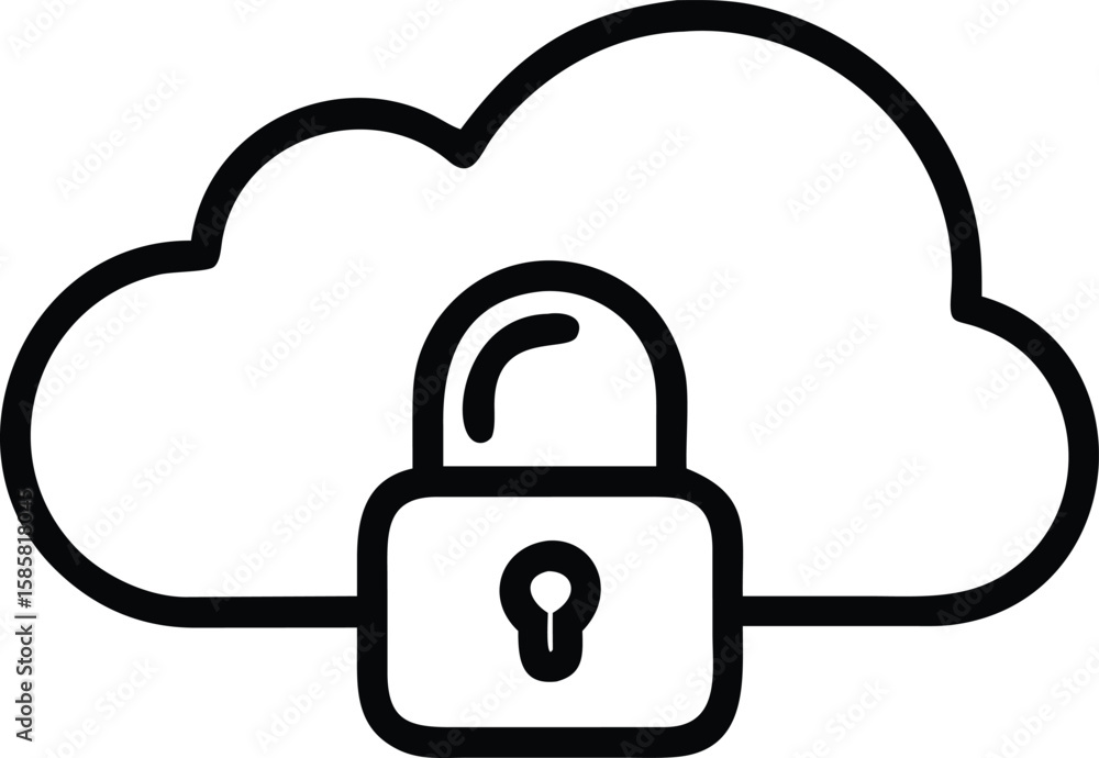 Poster outline icon of cloud storage with padlock for secure data management