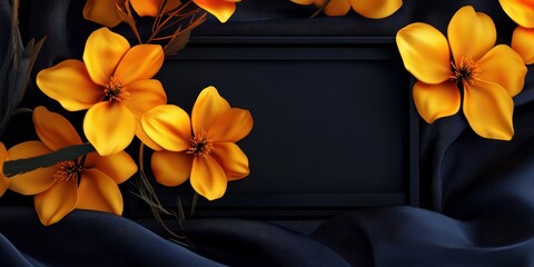 Elegant Dark Floral Frame: Golden Blooms on Midnight Silk